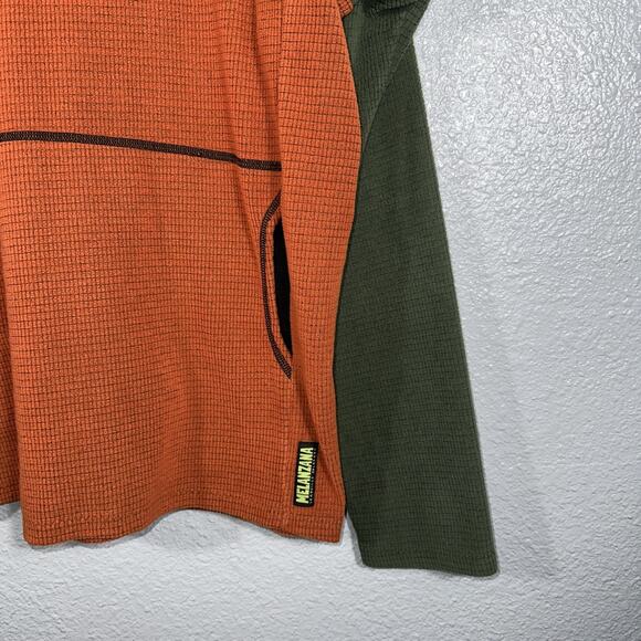 Melanzana Men’s Micro Grid Fleece Hoodie Size Large Orange Green Outdoor EUC - Picture 3 of 7